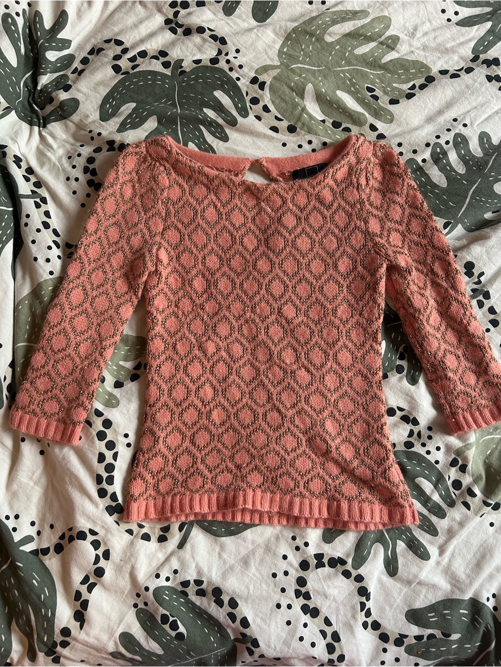 ‘Dolce Vita’ 19% Angora Gold and Coral Geometric Pattern 3/4 Sleeve Knit Top